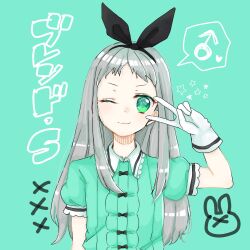  1boy :3 arm_up black_hairband black_trim blend_s center_frills closed_mouth collared_shirt commentary_request contrast_collar copyright_name frills gloves green_background green_eyes green_shirt grey_hair hairband heart highres kanzaki_hideri long_hair long_sidelocks looking_at_viewer male_focus mars_symbol one_eye_closed puffy_short_sleeves puffy_sleeves shirt short_sleeves sidelocks simple_background smile solo speech_bubble spoken_heart spoken_mars_symbol stile_uniform straight-on trap upper_body user_pptn3554 v v-shaped_eyebrows v_over_eye white_gloves wink_star 