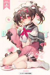  1girl 2024 :< absurdres ahoge animal_hat backpack bag bandaid bandaid_on_arm bandaid_on_cheek bandaid_on_face beads black_bow black_sailor_collar blush bow brown_hair cardigan collar crop_top crossed_bangs cup dot_nose eyelashes eyewear_on_head food fruit full_body gauze gauze_on_knee gem glasses hair_between_eyes hair_bow hair_ornament hairclip hat highres kneehighs long_hair long_sleeves looking_at_viewer milk moriyama_meiko navel neckerchief o-ring o-ring_collar original panda pearl pink_bow plate pudding red-framed_eyewear red_eyes red_neckerchief safety_pin sailor_collar school_bag school_uniform short_sleeves sidelocks signature sitting sleeve_bow socks solo speech_bubble sticker strawberry thigh_strap thought_bubble twintails wariza white_hat white_socks 