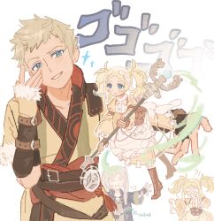  !? 1boy 2girls black_coat blonde_hair blue_eyes blush boots brown_boots closed_eyes closed_mouth coat commentary dress english_text female_robin_(fire_emblem) fire_emblem fire_emblem_awakening grey_hair highres holding holding_staff indigosaga22a lissa_(fire_emblem) long_hair long_sleeves menacing_(jojo) mother_and_child mother_and_son multiple_girls multiple_views open_clothes open_coat open_mouth owain_(fire_emblem) parent_and_child puff_of_air puffy_sleeves short_hair short_sleeves staff sweatdrop twintails white_background yellow_dress 