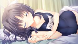  1girl bed_sheet black_hair black_one-piece_swimsuit blanket closed_eyes closed_mouth covered_navel curtains game_asset hair_intakes hair_ornament hairclip hand_on_own_arm head_on_pillow highres hoshi_furu_yoru_no_farnese indoors lying medium_hair multiple_hair_ribbons non-web_source on_bed on_side one-piece_swimsuit orihime_n._astil pillow ribbon school_swimsuit self-datamine sleeping solo swimsuit two_side_up under_covers white_ribbon yukie_(peach_candy) 