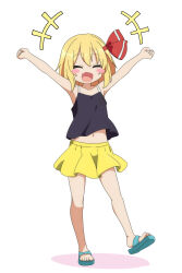  +++ 1girl :d alternate_costume arms_up black_camisole blue_sandals blush_stickers camisole cato_(monocatienus) clenched_hands closed_eyes commentary_request facing_viewer fang full_body hair_ribbon highres midriff_peek navel open_mouth red_ribbon ribbon rumia sandals simple_background skin_fang skirt smile solo standing toes touhou white_background yellow_skirt 