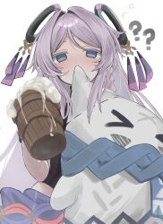 1girl ? blue_eyes blush braid braided_sidelocks citlali_(genshin_impact) commentary cup drunk facial_mark floating_headgear forehead_mark full-face_blush genshin_impact headgear highres holding holding_cup holding_stuffed_toy jewelry leotard long_hair looking_at_viewer mug pink_hair purple_sarong sarong sidelocks solo squeans stuffed_toy sumiure triangle triangle_facial_mark turtleneck turtleneck_leotard white_background 