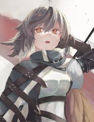  1girl arknights bird_wings black_cloak black_gloves brown_hair cloak commentary_request gloves gradient_hair juliet_sleeves kirisame_tarou long_sleeves looking_afar looking_up lowres medium_hair multicolored_hair open_mouth plume_(arknights) puffy_sleeves solo sweat tagme white_background white_hair wings yellow_eyes 