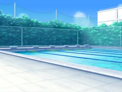  blue_sky building bush chain-link_fence clouds day fence game_asset lane_line mountain no_humans non-web_source official_art outdoors pool poolside scenery school seito_kaichou_hikaru self-datamine sky tree visual_novel_cg water 