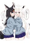 2girls ahoge animal_ear_fluff animal_ears bangs black_hair blue_skirt blue_sweater blush braid cheek-to-cheek closed_eyes commentary_request earrings eyebrows_visible_through_hair fox_ears fox_girl fox_tail green_eyes hair_between_eyes hair_ornament hairclip heads_together heart hibarino_tuyuri highres hololive hug jewelry long_hair looking_at_viewer multicolored_hair multiple_girls ookami_mio open_mouth plaid plaid_skirt redhead shirakami_fubuki sidelocks simple_background single_braid skirt streaked_hair sweatdrop sweater tail translation_request twitter_username virtual_youtuber white_background white_hair wolf_ears wolf_girl wolf_tail yuri 