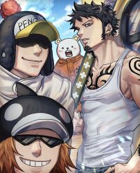  4boys bear bepo_(one_piece) black_hair blue_sky brown_hair chest_tattoo clouds cloudy_sky collarbone commentary earrings facial_hair grin hat highres jewelry jumpsuit looking_at_viewer male_focus multiple_boys one_piece outdoors parted_lips penguin_(one_piece) polar_bear pur_ple02imo shachi_(one_piece) short_hair shoulder_tattoo sky smile sunglasses tank_top tattoo trafalgar_law untranslatable_commentary upper_body white_tank_top 