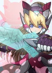  >:( 1girl 2boys armor blonde_hair blue_eyes ciel_(mega_man) commentary dress helmet highres left-handed long_hair looking_at_viewer mega_man_(series) mega_man_zero_(series) multicolored_dress multiple_boys petals pink_petals red_helmet shoyu-z translation_request transparent_sword v-shaped_eyebrows watermark z_saber zero(z)_(mega_man) zero_(mega_man) 