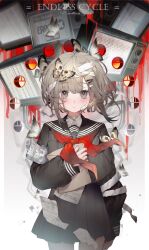  1girl absurdres bandaged_head bandages bandaid bandaid_on_neck black_eyes black_sailor_collar black_shirt black_skirt blunt_bangs blush brown_hair bug cowboy_shot crying crying_with_eyes_open dot_nose gauze gauze_on_cheek gauze_on_face hair_ornament hairclip highres holding holding_file long_sleeves looking_at_viewer medium_hair moriyama_meiko moth neckerchief original paper parted_lips pleated_skirt red_neckerchief sailor_collar school_uniform shirt skirt solo tears television 