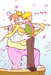  2boys animal_ears asgore_dreemurr asgore_dreemurr_(dark_world) blonde_hair blush brown_hair brown_pants commentary crown deltarune english_commentary english_text flowery_(deltarune) furry furry_male goat_boy goat_ears goat_horns green_vest hands_on_another's_waist highres horns male_focus multiple_boys open_mouth orange_vest outstretched_arms pants petals pink_pants pink_petals shawl shirt spread_arms sunnyirry titanic_(movie) two-tone_vest utdr_(toby_fox) vest yellow_shawl yellow_shirt 