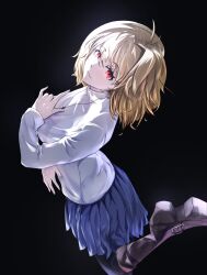  1girl :3 absurdres antenna_hair arched_back arcueid_brunestud arm_under_breasts black_background black_pantyhose blonde_hair blue_skirt boots breasts brown_boots buckle_boot commentary_request foreshortening from_above hair_between_eyes hand_on_own_chest highres jewelry leg_up looking_at_viewer looking_up m1ra1 miniskirt necklace pantyhose plaid_clothes plaid_skirt red_eyes shade short_hair skirt solo standing standing_on_one_leg sweater thigh_boots tsukihime tsukihime_(remake) turtleneck turtleneck_sweater white_sweater 