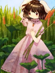  1girl animal_ears arm_behind_head blue_sky blush brown_hair carrot_necklace cattail commentary_request dress feet_out_of_frame floppy_ears holding holding_plant jewelry light_frown lotus_leaf medium_hair necklace outdoors pink_dress plant rabbit_ears rabbit_girl red_eyes retrochaossan short_sleeves sky solo touhou 