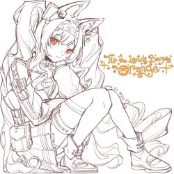  1girl angelina_(arknights) angelina_the_mellow_wish_(arknights) animal_ear_fluff animal_ears arknights boots brown_eyes chinese_commentary closed_mouth collar commentary_request detached_sleeves fox_ears fox_girl full_body hair_between_eyes hairband highres infection_monitor_(arknights) knees_up lineart long_hair long_sleeves looking_at_viewer monochrome simple_background sitting smile solo spot_color thigh-highs twintails very_long_hair yu_na_shenme_mizi 