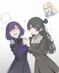  !? 2girls 3girls @_@ akiha_school_uniform anger_vein bang_dream! bang_dream!_yumemita blonde_hair blush bob_cut chibi chinese_commentary commentary_request cowboy_shot flower fuji_miyako fuji_miyako_(real) green_hair hair_bun hair_ornament hairclip head_steam highres holding_hands long_hair long_sleeves looking_at_another mole mole_under_mouth multiple_girls nakamachi_arale nakamachi_arale_(real) nervous one_side_up open_mouth pink_flower purple_hair school_uniform short_hair simple_background single_side_bun smile sparkle standing surprised sweatdrop viola_(bang_dream!) violet_eyes wavy_mouth white_background x_hair_ornament you3925589 yuri 