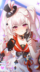  2girls :t absurdres black_choker black_gloves black_hat blush chinese_commentary choker closed_mouth commentary_request diamond_(shape) dress gloves hat heart highres honkai:_star_rail honkai_(series) liangji_uu long_hair multiple_girls official_alternate_costume official_alternate_hair_color pink_eyes sparkle_(honkai:_star_rail) sparxie_(honkai:_star_rail) top_hat twintails white_hair 