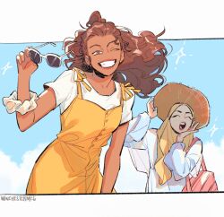  2girls artist_name bag brown_eyes brown_hair closed_eyes dark-skinned_female dark_skin dress grin hana_(winchestermegg) hat highres hijab holding long_hair looking_at_viewer mera_(winchestermegg) multiple_girls one_eye_closed original pink_bag shirt short_sleeves sleeveless sleeveless_dress smile straw_hat teeth unworn_eyewear upper_teeth_only white-framed_eyewear white_shirt winchestermegg yellow_dress yellow_hijab 