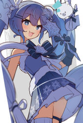  1girl :d bare_shoulders blue_bow blue_bowtie blue_dress blue_eyes blue_hair blue_streaks blurry blush border bow bowtie bright_pupils commentary_request cowboy_shot depth_of_field double-parted_bangs dress fang grey_background hair_between_eyes hatsune_miku highres holding holding_wand long_hair multicolored_hair open_mouth outside_border pleated_dress rabbit_yukine short_dress simple_background single_thighhigh skin_fang smile solo streaked_hair striped_bow tetenka thigh-highs twintails twitter_username very_long_hair vocaloid wand white_border white_pupils white_thighhighs yuki_miku yuki_miku_(2025) 