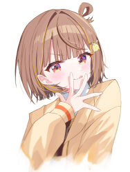  1girl absurdres brown_hair brown_necktie caorigasuru closed_mouth collared_shirt commentary_request cropped_torso gradient_eyes hair_ornament hair_rings hand_to_own_mouth hand_up highres hood hood_down hooded_jacket jacket looking_at_viewer medium_hair multicolored_eyes necktie orange_eyes sendo_yuuhi sendo_yuuhi_(1st_costume) shirt simple_background single_hair_ring smile solo tongue tongue_out v-shaped_eyebrows violet_eyes virtual_youtuber vspo! white_background white_shirt yellow_eyes yellow_jacket 