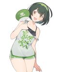 1girl ahoge alternate_hair_length alternate_hairstyle bangs blush brown_eyes clothes_writing commentary_request eyebrows_visible_through_hair green_hair green_hairband green_shorts hairband hand_fan highres holding holding_fan off_shoulder open_mouth pea_pod shirinda_fureiru short_hair short_shorts shorts simple_background solo tank_top touhoku_zunko voiceroid white_background 
