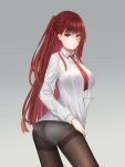  1girl absurdres artist_name ass bangs black_legwear braid breasts closed_mouth cozie178 eyebrows_visible_through_hair feet_out_of_frame french_braid girls_frontline hair_ribbon highres long_hair looking_at_viewer necktie panties panties_under_pantyhose pantyhose red_eyes red_necktie red_ribbon redhead ribbon shirt simple_background solo standing underwear wa2000_(girls&#039;_frontline) white_panties white_shirt 