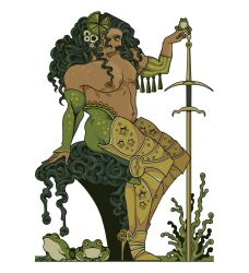  1boy animal aquiline_nose armor curly_hair dark-skinned_male dark_skin detached_sleeves double_chin eyelashes eyeshadow frog full_body girly_boy gold_armor gold_weapon greek_painting_style green_eyes green_hair green_pants green_sleeves hairline highres iliothermia knight laurel_tattoo leg_armor lily_pad lily_pad_hair_ornament lips lipstick long_hair makeup male_focus mastectomy_scar musclegut navel nipples nose original pants pectorals plump scar scar_on_chest sitting solo star_(symbol) star_print strongman_waist sword tassel tattoo topless_male vertical-striped_sleeves weapon white_background yellow_sleeves 