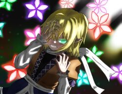  1girl arm_warmers black_background black_shirt blonde_hair brown_shirt clenched_teeth commentary_request danmaku glowing glowing_eye green_eyes hair_over_one_eye hand_in_own_hair looking_at_viewer mizuhashi_parsee pointy_ears ponytail sash scarf shirt short_hair short_ponytail short_sleeves solo teeth touhou tourmaline_(ccfr_f) undershirt upper_body white_sash white_scarf 