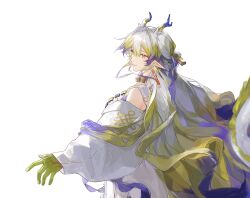  1girl absurdres arknights bare_shoulders blue_eyes breasts chinese_commentary chinese_knot commentary_request cowboy_shot dragon_girl dragon_horns dragon_tail earrings eastern_dragon_horns eastern_dragon_tail eyeliner from_behind gradient_hair gradient_horns grey_hair hair_intakes hair_ornament hair_stick half_updo highres horns huilan_(greyhhh) jacket jewelry long_hair looking_to_the_side makeup multicolored_hair multicolored_horns off_shoulder orange_eyeliner outstretched_arms pointy_ears shu_(arknights) simple_background small_breasts solo spread_arms stick strapless tail tassel tassel_earrings tube_top white_background white_jacket white_tube_top yellow_hands 