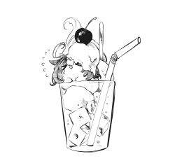  >_< cherry closed_eyes cup drinking_straw flying_sweatdrops food fruit greyscale highres ice ice_cream ice_cube in_container in_cup mame_nabe_donko meisho_doto_(umamusume) monochrome open_mouth simple_background tears umamusume white_background 