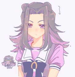  1girl animal_ears arrow_(symbol) black_hair blush bow bowtie closed_mouth commentary_request ears_down fenomeno_(umamusume) flipped_hair hat highres horse_ears horse_girl horse_tail long_hair looking_at_viewer multicolored_hair peaked_cap pleated_skirt puffy_short_sleeves puffy_sleeves purple_bow purple_bowtie purple_hair purple_shirt roroko_momo sailor_collar sailor_shirt school_uniform shirt short_sleeves skirt tail tracen_school_uniform umamusume violet_eyes white_sailor_collar white_skirt 