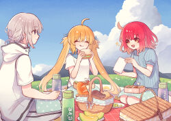  1boy 2girls :d :q ^_^ ahoge alternate_costume artoria_caster_(fate) artoria_pendragon_(fate) barefoot bento blonde_hair blue_ribbon blue_shirt blue_shorts blue_sky bottle braid bread cherry_tomato closed_eyes closed_mouth clouds commentary_request fate/grand_order fate_(series) food french_braided_ponytail fruit fujimaru_ritsuka_(female) grapes grey_hair hair_between_eyes hair_ribbon highres holding holding_food holding_sandwich jacket koromo_(osakana0525) long_hair medium_hair melon melon_bread multiple_girls oberon_(fate) open_mouth orange_eyes outdoors pants picnic picnic_basket ponytail red_hair ribbon safety_pin sandwich shirt short_hair short_ponytail short_sleeves shorts sitting sky smile sparkle striped_clothes striped_shirt striped_shorts tomato tongue tongue_out twintails vertical-striped_clothes vertical-striped_shirt very_long_hair water_bottle white_jacket white_pants yakudo_trio 