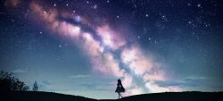  1girl backlighting clouds commentary dress from_side hanabusa_lisa hanabusa_lisa_(1st_costume) hanabusa_lisa_(artist) highres hill long_hair looking_up milky_way night outdoors scenery sky solo star_(sky) starry_sky untranslatable_commentary virtual_youtuber vspo! white_dress 