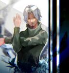  1boy bangs blurry blurry_background brown_sweater closed_mouth cropped_torso facial_hair goatee grey_background grey_hair highres kyuuba_melo long_sleeves looking_at_viewer male_focus parted_bangs red_eyes shiny shiny_hair solo sweater tokyo_ghoul yomo_renji 