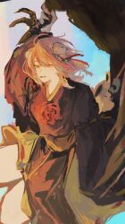  1girl absurdres animal bandaged_arm bandages bird blue_sky brown_shirt commentary_request double_bun eagle flower flower_ornament flying green_skirt hair_bun highres ibaraki_kasen kanda_(touhou) long_sleeves medium_hair parted_lips pink_eyes pink_hair rose shirt skirt sky smile touhou touka446 wide_sleeves 