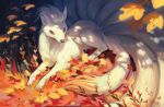  acrylic_paint_(medium) chiou! commentary_request dated leaf multiple_tails ninetales no_humans painting_(medium) pokemon pokemon_(creature) red_eyes revision solo tail traditional_media 