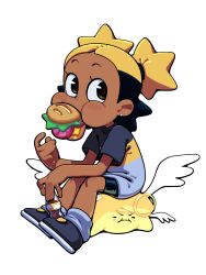  1girl 1other afro_puffs aika_(kiana_mai) black_hair blonde_hair bottle brown_eyes dark-skinned_female dark_skin discount-supervillain earrings eating food highres hoshi_(kiana_mai) i_don't_want_to_be_a_magical_girl jewelry multicolored_hair sandwich shirt shorts sitting sitting_on_person soda star-shaped_hair star_hair_bun two-tone_hair 