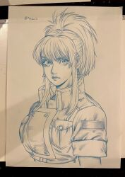  1girl buttons closed_mouth collared_jacket commentary_request earrings hatching_(texture) highres jacket jewelry leona_heidern military_uniform monochrome paper pocket retro_artstyle short_sleeves side_ponytail simple_background snk solo the_king_of_fighters traditional_media triangle_earrings twitter_username usa_bishonenn 