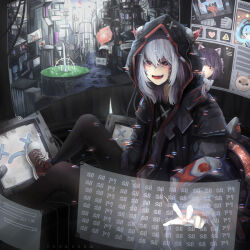  1girl asakura_neko black_jacket black_leggings black_shirt cube cytus cytus_ii ekokuron fang hatsune_miku highres holographic_monitor hood hood_up hooded_jacket horned_hood horns indoors ivy_(cytus) jacket leggings medium_hair monitor open_mouth red_eyes red_horns red_shoes red_trim robo_head_(cytus) shirt shoes sitting smile sneakers vocaloid white_hair 