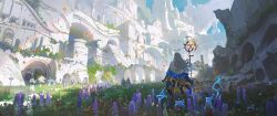  absurdres architecture atmospheric_perspective blue_sky blurry commentary day depth_of_field english_commentary facing_away flower gothic_architecture grass hair_flower hair_ornament highres long_hair original outdoors scenery sky staff sunlight ying_yi 