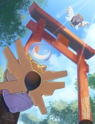 blue_sky bug commentary_request crescent_halo floating flying halo highres insect_wings ninjask no_humans outdoors pokemon pokemon_(creature) pokemon_focus red_eyes shedinja sky tatsumi_(panneko) torii tree wings 