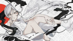  1girl boots candy flat_chest food hair_extensions head_rest highres holding holding_candy holding_food holding_lollipop legs lollipop long_hair looking_at_viewer mask mask_on_head noh_mask original ring_hair_extensions robe shimizu_en_(shimizuen3310) solo twintails white_eyes white_hair white_robe 