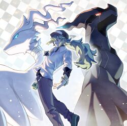  1boy absurdres bangle black_hat bracelet brown_pants collared_shirt commentary green_hair green_shoes grin hat highres jewelry long_hair male_focus n_(pokemon) nai.ka99 pants pokemon pokemon_(creature) pokemon_black_and_white reshiram shirt shoes sidelocks smile teeth undershirt white_background white_shirt zekrom 