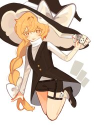  1girl absurdres ace_(playing_card) ace_of_hearts alternate_hairstyle black_hat black_shorts black_vest blonde_hair bow braid braided_ponytail card commentary_request full_body hair_bow hat hat_bow heart highres holding holding_card kirisame_marisa long_hair looking_at_viewer playing_card pn62900508 shirt shorts solo thigh_strap tongue tongue_out touhou very_long_hair vest white_bow white_shirt witch_hat yellow_eyes 