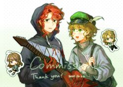  1boy 1girl absurdres aleph_(reverse:1999) alternate_costume bag black_bag black_eyes black_gloves black_hoodie brown_hair chibi chibi_inset chinese_commentary commentary_request commission dated dongfang_shuyechu electric_guitar frown gloves gradient_background green_background green_eyes green_hat grey_jacket grey_sweater guitar hat hat_feather highres holding holding_guitar holding_instrument hood hood_up hoodie instrument jacket looking_at_viewer newsboy_cap open_mouth recoleta_(reverse:1999) red_hair reverse:1999 scar scar_on_face scar_on_mouth short_hair shoulder_bag sweater upper_body white_background 