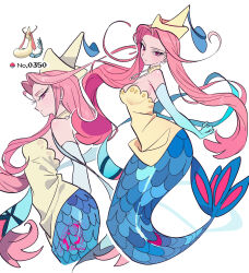  1girl absurdres antennae blue_gloves blue_tail detached_collar dixretsa dress earrings elbow_gloves eyelashes gem gloves gradient_gloves hat highres humanization jewelry long_hair merfolk mermaid milotic monster_girl necklace pearl pearl_necklace pink_eyes pink_hair pokemon pokemon_ruby/sapphire/emerald ribbon scales signature sleeveless sleeveless_dress tail yellow_dress yellow_hat 