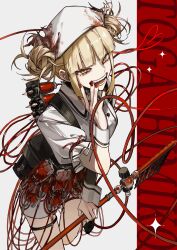  1girl a_piece_of_fish absurdres bags_under_eyes blonde_hair blood blood_bag blood_on_clothes blunt_bangs boku_no_hero_academia character_name commentary_request double_bun fangs hair_bun hat highres intravenous_drip iv_stand long_sleeves looking_at_viewer messy_hair narrowed_eyes nurse nurse_cap open_mouth short_hair sidelocks simple_background slit_pupils smile solo teeth toga_himiko white_background yellow_eyes 