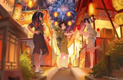  >_< 1boy 2girls backpack bag black_hair blurry blurry_foreground brown_eyes brown_hair bush candy_apple carmine_(pokemon) cat commentary_request crossed_bangs fang festival_jinbei fireworks food green_fur hair_between_eyes hand_on_own_hip highres holding holding_candy_apple holding_food japanese_clothes juliana_(pokemon) kieran_(pokemon) lantern leg_up long_hair market_stall mole mole_on_neck multiple_girls naz_(hsae3838) night open_mouth outdoors paper_lantern pokemon pokemon_(creature) pokemon_in_clothes pokemon_scarlet_and_violet purple_hair red_eyes red_hair rope sky smile sprigatito standing summer_festival tree twitter_username yellow_bag 