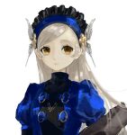  1girl blue_hairband brown_eyes butterfly_hair_ornament closed_mouth eyebrows_visible_through_hair eyelashes found_modori frills grey_background grey_hair hair_ornament hairband highres lavenza_(persona_5) long_hair maid_headdress persona persona_5 puffy_sleeves simple_background sketch solo upper_body 