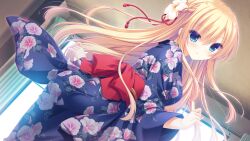  1girl back_bow blonde_hair blue_eyes blue_kimono bow braid ceiling closed_mouth curtains day dutch_angle floating_hair floral_print flower from_behind from_below furisode game_asset hair_flower hair_ornament hands_up highres hoshi_furu_yoru_no_farnese indoors japanese_clothes kimono long_hair looking_at_viewer non-web_source red_bow self-datamine twisted_torso very_long_hair yukata yukie_(peach_candy) yves_klein 