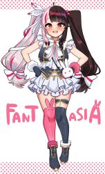 1girl absurdres ahoge asymmetrical_legwear black_hair black_thighhighs blush commentary_request dress frilled_dress frills full_body gloves grey_hair hair_ribbon highres looking_at_viewer mismatched_legwear multicolored_hair nagmo_chaaan nijisanji nijisanji_matching_outfit open_mouth pink_thighhighs red_eyes red_hair ribbon solo teeth thigh-highs thigh_strap twintails upper_teeth_only virtual_youtuber white_ribbon yorumi_rena 