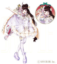  1girl :d ;d ahoge arm_up asymmetrical_legwear belt black_hair blunt_bangs bow bowtie braid braided_bun breasts bright_pupils buttons capelet commentary copyright_notice cross-laced_clothes cross-laced_dress crossed_legs crown different_zoom_layer double-breasted double_bun dress dress_bow eyeshadow flower full_body fur-trimmed_capelet fur_trim gold_trim green_bow grey_hair hair_bun hair_flower hair_ornament hand_up holding holding_microphone idol_clothes leg_ribbon long_hair looking_at_viewer low-tied_long_hair low-tied_sidelocks makeup microphone mini_crown multicolored_hair nijisanji ninahachi official_alternate_costume official_art one_eye_closed outstretched_arm pink_eyes pink_eyeshadow pink_streaks pinstripe_sleeves platform_heels pleated_dress puffy_short_sleeves puffy_sleeves purple_bow purple_bowtie purple_capelet purple_dress purple_ribbon purple_shoes purple_thighhighs ribbon sample_watermark shoes short_dress short_sleeves shrug_(clothing) sidelocks simple_background small_breasts smile solo split-color_hair standing strapless strapless_dress streaked_hair teeth thigh-highs thigh_belt thigh_strap tilted_headwear two-tone_dress two-tone_hair uneven_legwear upper_teeth_only very_long_hair virtual_youtuber watermark watson_cross waving white_background white_dress white_pupils white_shrug yorumi_rena zoom_layer 