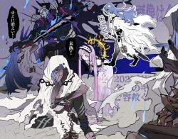  1girl 2boys azrael_(fate) azrael_(sword)_(fate) blood blood_on_weapon blue_fire blue_hair book chain commentary dress fate/grand_order fate_(series) fighting fire grabbing_another's_head halo holding holding_sword holding_weapon king_hassan_(fate) multiple_boys purple_hair stheno_(fate) sword violet_eyes weapon white_dress yellow_halo ytot_335 